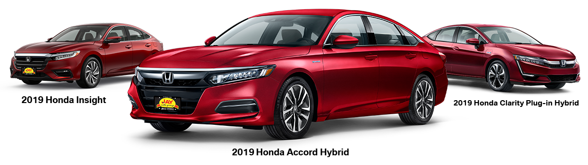 The All-New 2018 Red Honda Accord Hybrid Sedan and The All-New 2019 Red Honda Insight Hybrid Sedan and The All-New 2019 Red Honda Clarity Plug-In Hybrid Sedan at Jay Honda