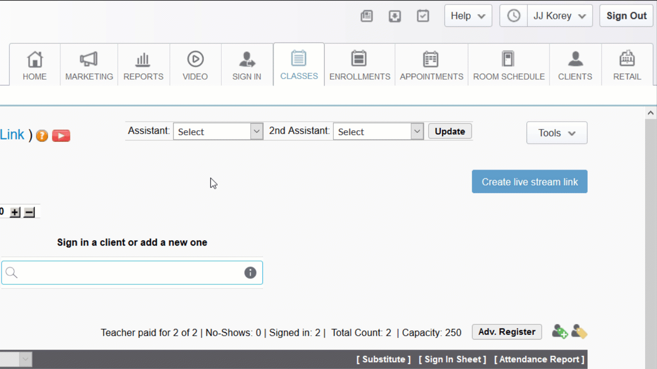 Clicking create live stream link